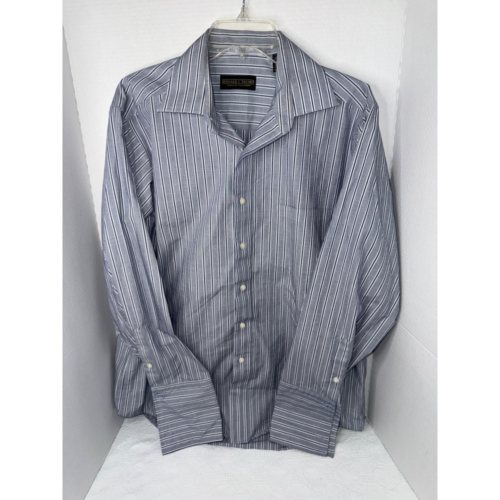 Donald J Trump Signature Collection Mens 16.5 34/35 Blue Striped Dress Shirt